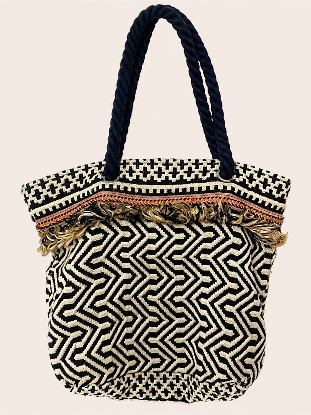 Boho 100% Jute Woven Fringe Tote Bag Black Natural